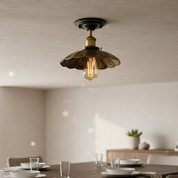 Industrial-Semi Flush Mount E27 Base Brushed Brass Ceiling Light Metal 22Cm Umbrella Lampshade Lighting For Farmhouse - thumbnail 3
