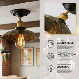 Industrial-Semi Flush Mount E27 Base Brushed Brass Ceiling Light Metal 22Cm Umbrella Lampshade Lighting For Farmhouse - thumbnail 7