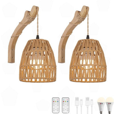 Amorly Set Of 2 Rechargeable Rattan Shade Wall Sconces, Wireless Battery Powered Wall Reading Lamp With Remote Dimmable Lighting - image 1