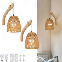Amorly Set Of 2 Rechargeable Rattan Shade Wall Sconces, Wireless Battery Powered Wall Reading Lamp With Remote Dimmable Lighting - thumbnail 3