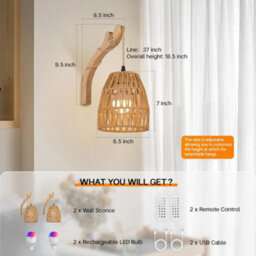 Amorly Set Of 2 Rechargeable Rattan Shade Wall Sconces, Wireless Battery Powered Wall Reading Lamp With Remote Dimmable Lighting - thumbnail 2
