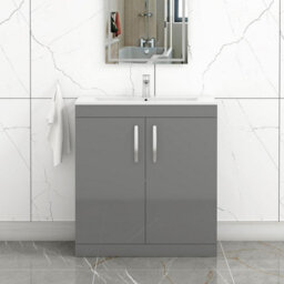 Royal Bathrooms Turin Indigo Grey Gloss 800mm Floor Standing Vanity Unit 2 Door With Minimalist Basin Sink
