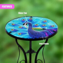 Garden Glass Round Coffee Table Blue Peacock Design Mosaic Patio Table - thumbnail 6