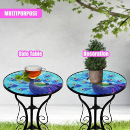 Garden Glass Round Coffee Table Blue Peacock Design Mosaic Patio Table - thumbnail 4