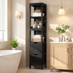 Gainoom Tall Bathroom Storage Cabinet Black Narrow Freestanding Floor Cabinet Slim Wooden Linen Tower - thumbnail 5