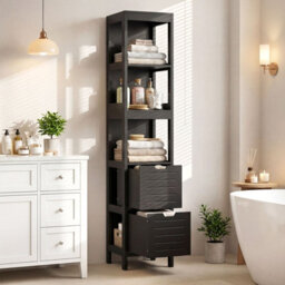 Gainoom Tall Bathroom Storage Cabinet Black Narrow Freestanding Floor Cabinet Slim Wooden Linen Tower - thumbnail 4