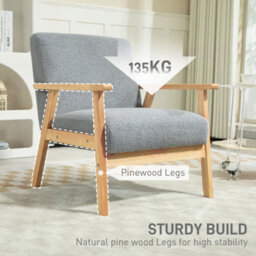 Homcom Accent Chair With Wood Frame Wide Seat Sherpa Fleece Armchair Grey - thumbnail 6