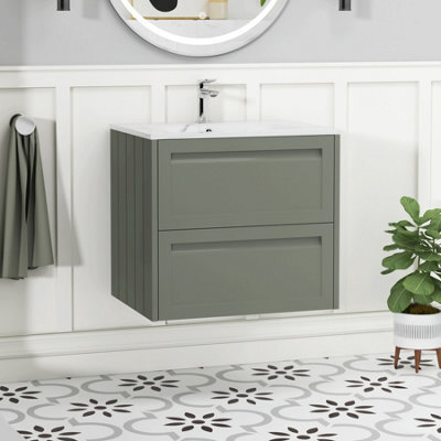 Royal Bathrooms Elmore 600mm Traditional Wall Hung 2 Drawer Bathroom Vanity Unit With Sintered Stone Basin Sink - Matt Green - image 1