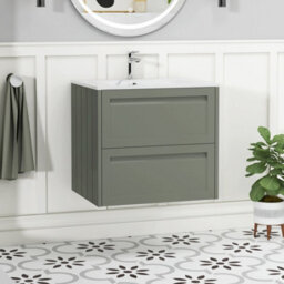 Royal Bathrooms Elmore 600mm Traditional Wall Hung 2 Drawer Bathroom Vanity Unit With Sintered Stone Basin Sink - Matt Green - thumbnail 1