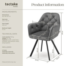 Tectake Set Of 2 Armchair Lucia - Padded, Quilted Pattern, 180 Degree Swivel Chair  - Anthracite - thumbnail 6