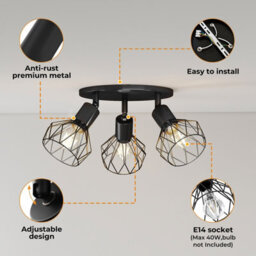 Emitto 3-Way Spotlight Ceiling Light Adjustable Vintage Black E14 Metal Fixture - thumbnail 7