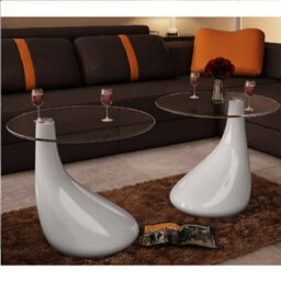 Walplus Coffee Table 2 Pcs With Round Glass Top High Gloss White - thumbnail 1