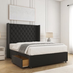 Bsspoke Olivia Divan Bed In Black Plush Velvet With 54Inch Headboard 2 Drawers Footend & No Mattress In 4Ft 5Ft 6Ft