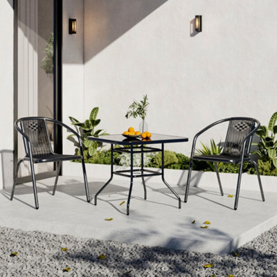 Breeins 3Pcs Outdoor Black Dining Set Square Table Stacking Chair For Garden Patio Lounge Balcony With Umbrella Hole - image 1