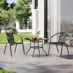 Breeins 3Pcs Outdoor Black Dining Set Square Table Stacking Chair For Garden Patio Lounge Balcony With Umbrella Hole - thumbnail 2