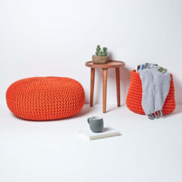 Homescapes Burnt Orange Large Round Cotton Knitted Pouffe Footstool - thumbnail 6