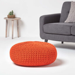 Homescapes Burnt Orange Large Round Cotton Knitted Pouffe Footstool - thumbnail 2