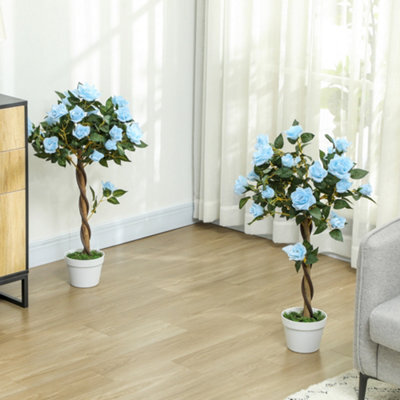 Outsunny Set Of 2 90Cm Artificial Rose Tree, Fake Decorative Plant, Blue - image 1