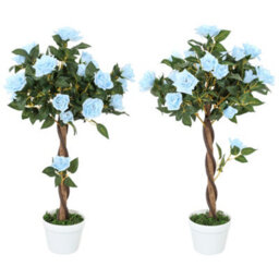 Outsunny Set Of 2 90Cm Artificial Rose Tree, Fake Decorative Plant, Blue - thumbnail 2
