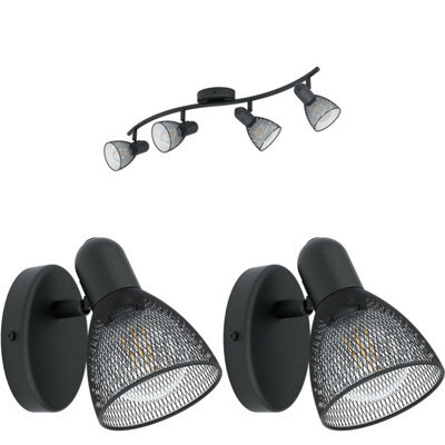 Modern Quad Ceiling Spot Light With 2 Adjustable Wall Lights In Black Mesh Finish - image 1