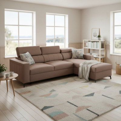 Baltico I Mini Modern Corner Sofa Bed Has Adjustable Profiled Headrests Storage Compact Fabric Lshape Settee Light Brown Right - image 1