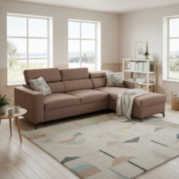 Baltico I Mini Modern Corner Sofa Bed Has Adjustable Profiled Headrests Storage Compact Fabric Lshape Settee Light Brown Right - thumbnail 1