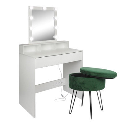 Harbour Housewares Wooden Dressing Table Set With Led Lights & Green Stool - White - image 1