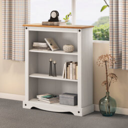 Mercers Furniture Corona White Small Low 3 Shelf Bookcase Solid Wood Pine Wooden Open Display Shelving With Mexican Styling