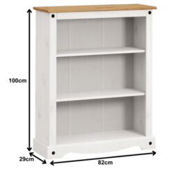 Mercers Furniture Corona White Small Low 3 Shelf Bookcase Solid Wood Pine Wooden Open Display Shelving With Mexican Styling - thumbnail 4