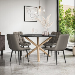 More4Homes Malvern Round Dining Table And Chairs -  Black Table Top W Solid Oak Legs + Nova Faux Leather Dining Chair Set Of 4 (Grey)