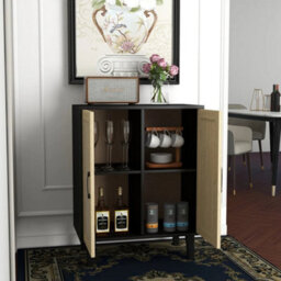 2 Doors Black  Buffet Storage Cabinet With Rattan Decorating 2 Door Sideboard Wood Side Cabinet - thumbnail 4