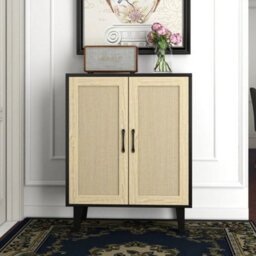 2 Doors Black  Buffet Storage Cabinet With Rattan Decorating 2 Door Sideboard Wood Side Cabinet - thumbnail 6