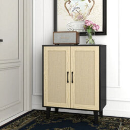 2 Doors Black  Buffet Storage Cabinet With Rattan Decorating 2 Door Sideboard Wood Side Cabinet - thumbnail 2