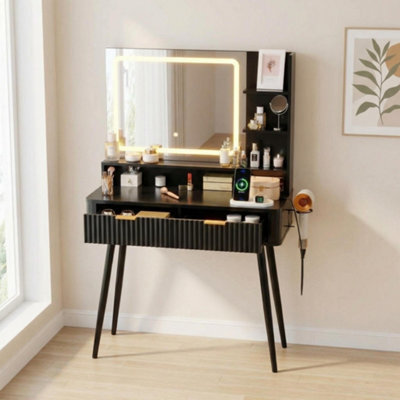 London Boutique 80 Cm Dressing Table, Led Mirror With 3 Light Modes, 2 Drawers, Usb Power Outlet, Makeup Vanity Desk, Black - image 1