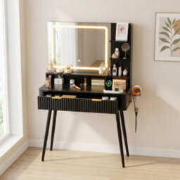 London Boutique 80 Cm Dressing Table, Led Mirror With 3 Light Modes, 2 Drawers, Usb Power Outlet, Makeup Vanity Desk, Black - thumbnail 1
