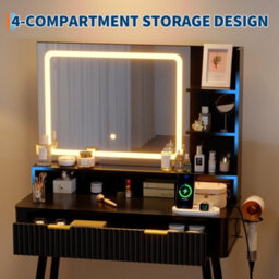 London Boutique 80 Cm Dressing Table, Led Mirror With 3 Light Modes, 2 Drawers, Usb Power Outlet, Makeup Vanity Desk, Black - thumbnail 7
