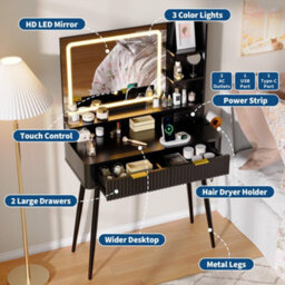 London Boutique 80 Cm Dressing Table, Led Mirror With 3 Light Modes, 2 Drawers, Usb Power Outlet, Makeup Vanity Desk, Black - thumbnail 3