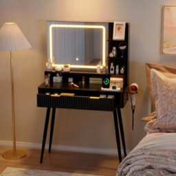London Boutique 80 Cm Dressing Table, Led Mirror With 3 Light Modes, 2 Drawers, Usb Power Outlet, Makeup Vanity Desk, Black - thumbnail 2