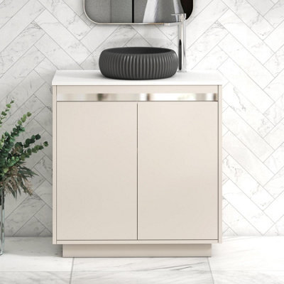 Royal Bathrooms Orion 800mm Warm Taupe Floor Standing Plain White Countertop Vanity Unit 2 Door With Milan Black Basin & Chrome Accent Trim - image 1