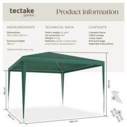Tectake Gazebo Farah-  Water Resistant, Plug-In System, 3X3M 300 X 300 X 250 Cm - Green - thumbnail 6
