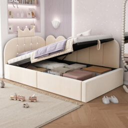 Matteo Crown Upholstered Hydraulic Daybed, Beige Velvet, 3Ft Single - thumbnail 7