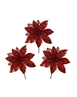 Werchristmas Set Of 3 Red Glitter Artificial Poinsettia Flowers, 15 Cm - image 1