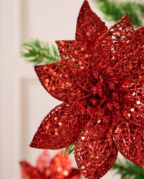 Werchristmas Set Of 3 Red Glitter Artificial Poinsettia Flowers, 15 Cm - thumbnail 4