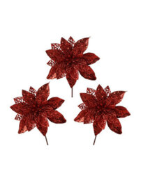 Werchristmas Set Of 3 Red Glitter Artificial Poinsettia Flowers, 15 Cm - thumbnail 1