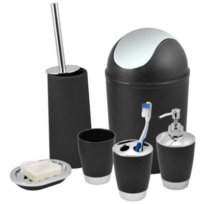 6 Piece Black Bathroom Accessory Set With 14L Bin Soap Dispenser Toothbrush Holder Toilet Brush Rinse Cup And Tumbler - image 1