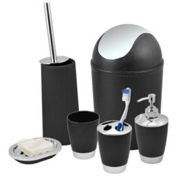 6 Piece Black Bathroom Accessory Set With 14L Bin Soap Dispenser Toothbrush Holder Toilet Brush Rinse Cup And Tumbler - thumbnail 1