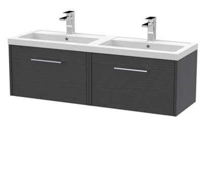 Hudson Reed Juno Wall Hung 2 Soft Close Drawer Vanity Unit With Double Basin In Graphite Grey Woodgrain Finish, 1200mm - image 1