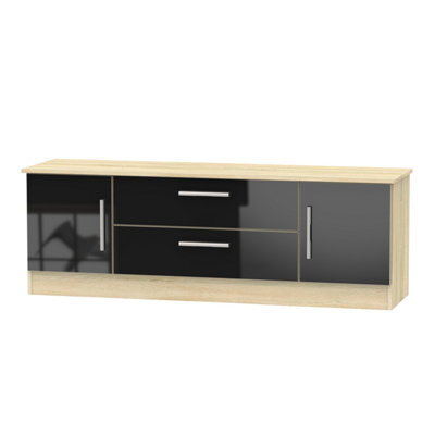 Trent Wide 2 Door 2 Drawer Tv Unit In Black & Black Matt (Ready Assembled) - image 1