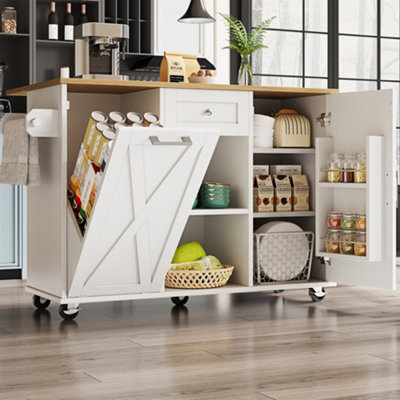 Abrihome Modern Kitchen Island With Built-In Bin Cabinet, Multifunctional Dining Table Storage, Extendable Serving Cart With Snack Shelves
