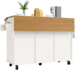 Abrihome Modern Kitchen Island With Built-In Bin Cabinet, Multifunctional Dining Table Storage, Extendable Serving Cart With Snack Shelves - thumbnail 9